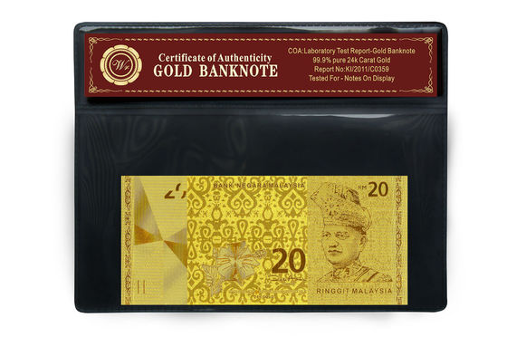 Ringgit Malaysias 20 geprägt in 24 Karat-reine Goldbanknoten-Plastikhalter-Satz